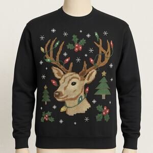 Jerzees NuBlend Holiday Deer Sweatshirt Black L Ugly Xmas Party NWT Unisex Black